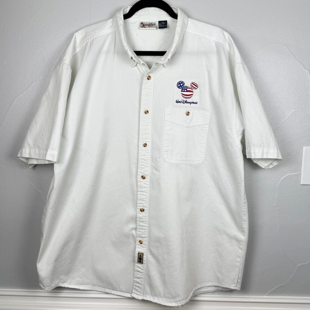 Disney World Men’s Button-Up Shirt 2XL | Mickey USA Flag Embroidery Patriotic